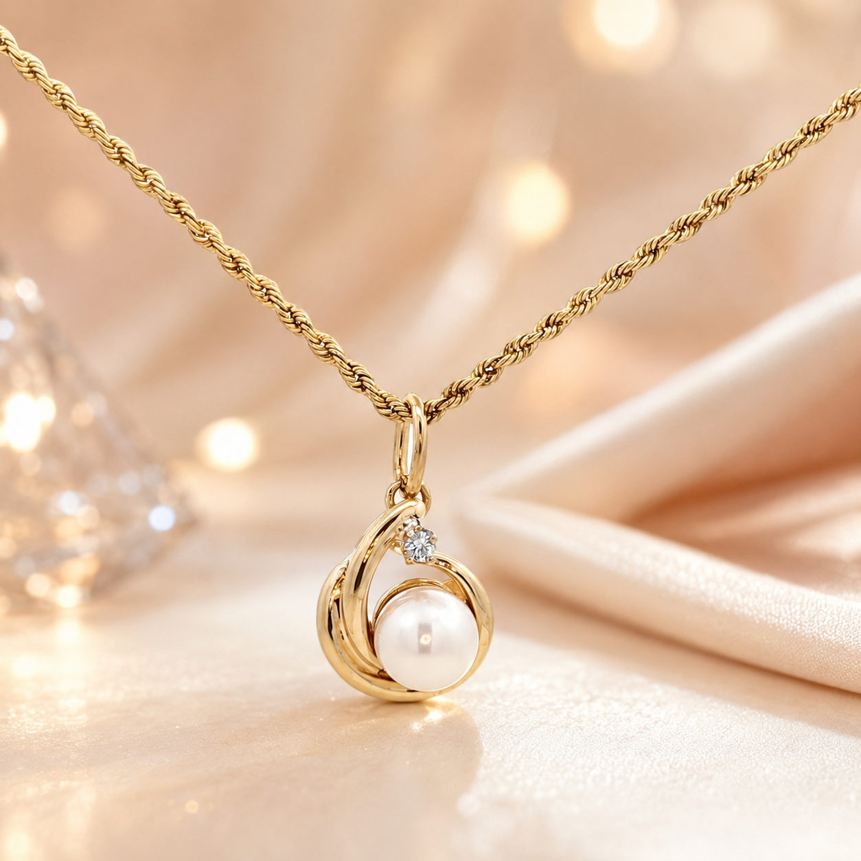 Estate Contemporary 14K Yellow Gold Cultured Pearl and Natural Diamond Accent Pendant