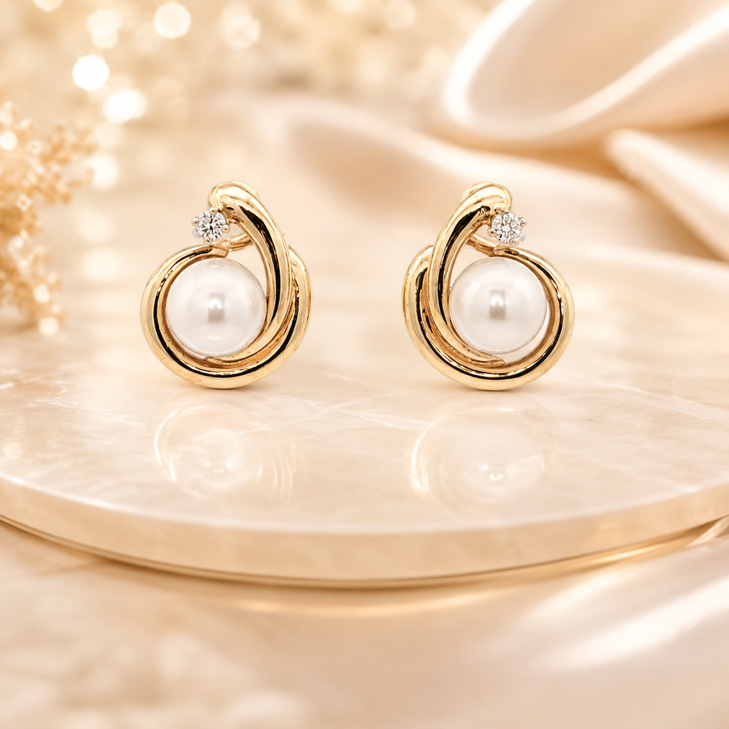 Estate Contemporary 14K Yellow Gold Cultured Pearl and Natural Diamond Accent Earrings
