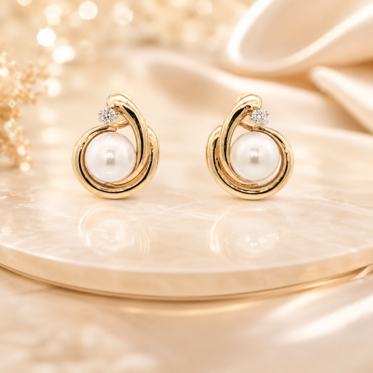 Estate Contemporary 14K Yellow Gold Cultured Pearl and Natural Diamond Accent Earrings