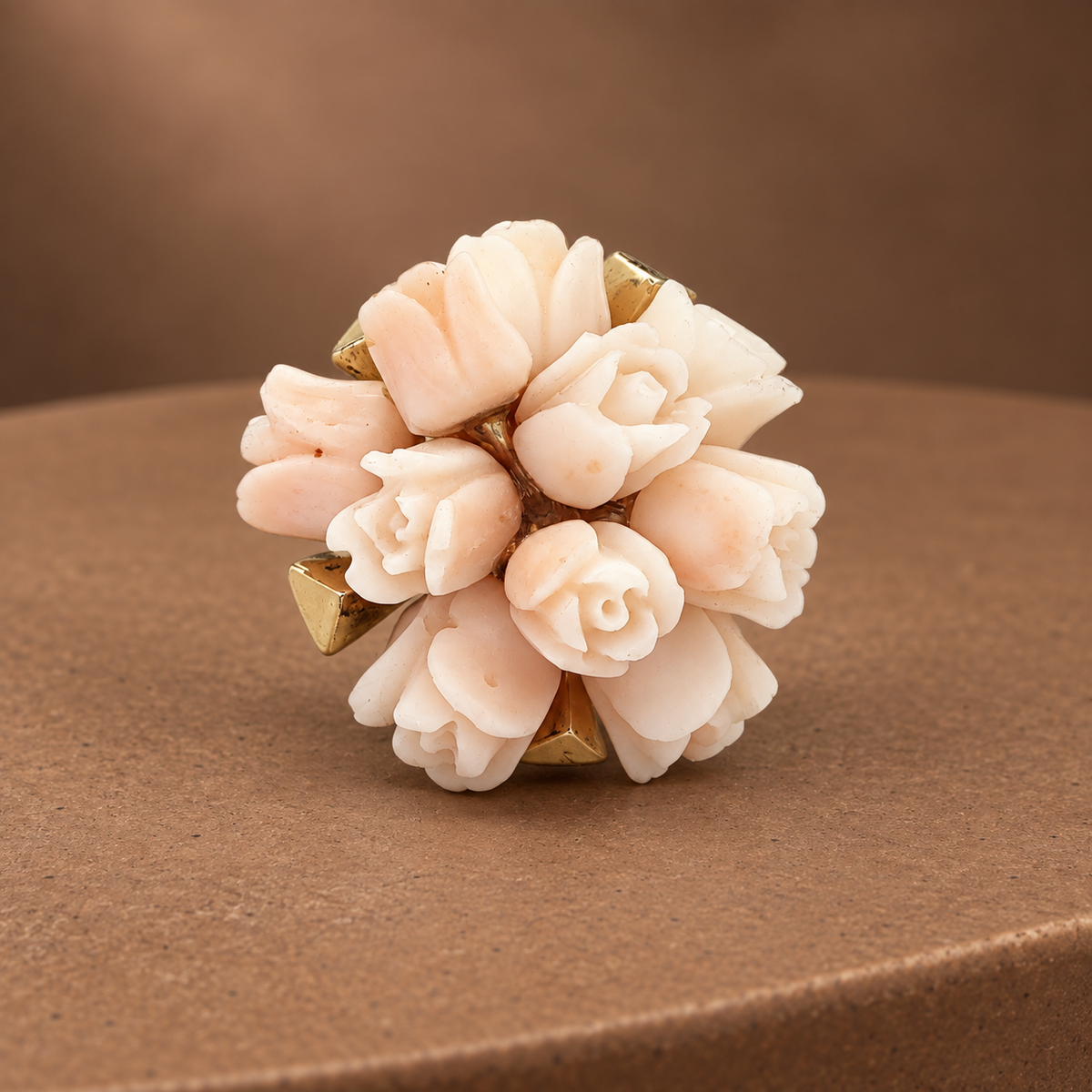 Circa 1960s 10K Yellow Gold Natural Coral Flower Cluster Ring – Size 5.50