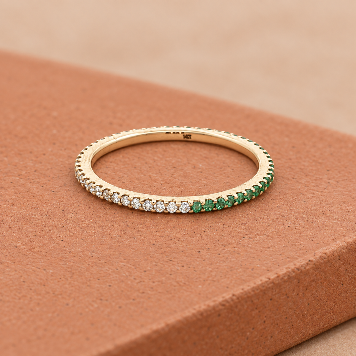 14K Yellow Gold Natural Emerald & Diamond Band – Size 6.50