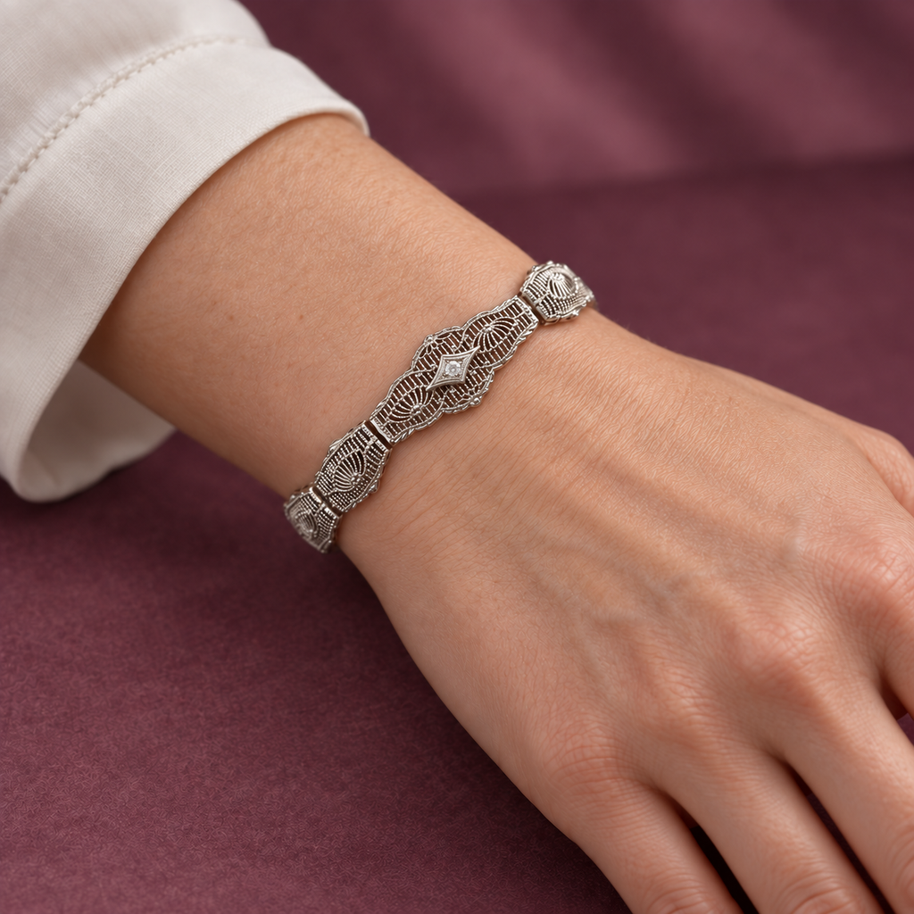 1930s Vintage Esemco 10K White Gold Natural Diamond Filigree Bracelet