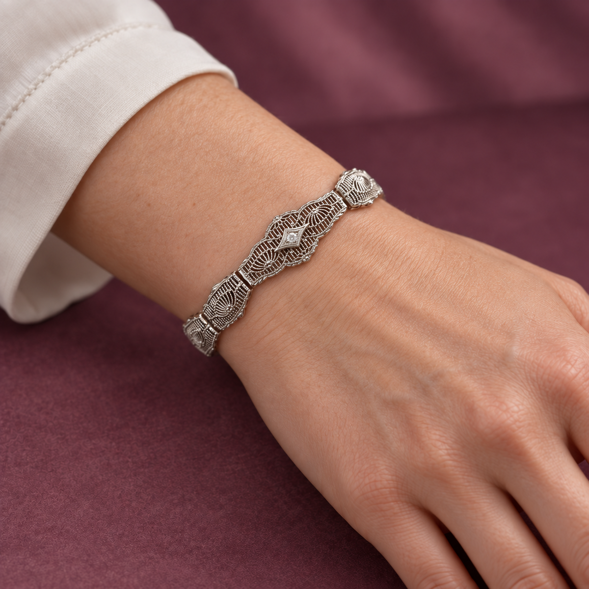 1930s Vintage Esemco 10K White Gold Natural Diamond Filigree Bracelet