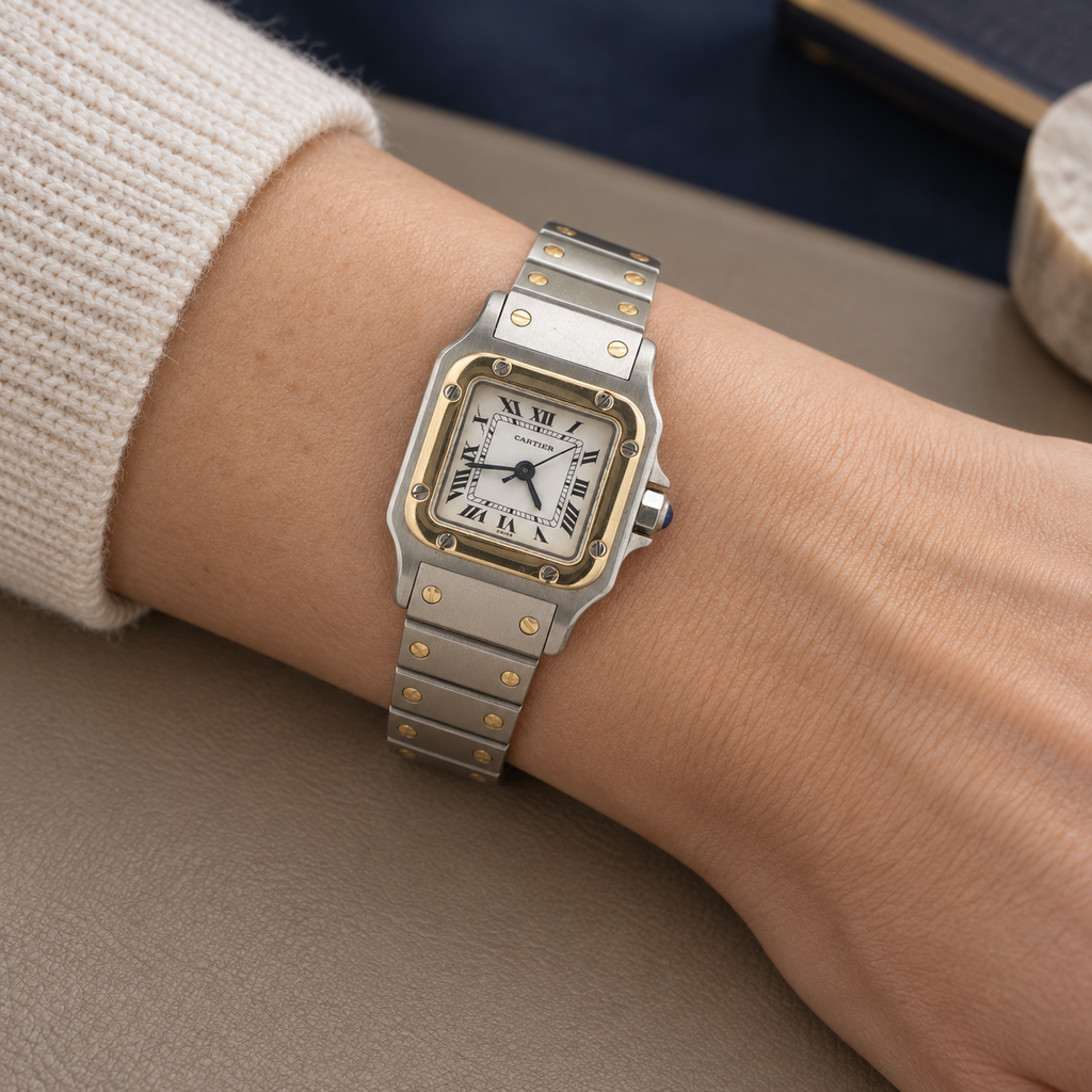 1980s Estate Cartier Santos Carrée Ladies’ Steel & 18K Yellow Gold Automatic Watch