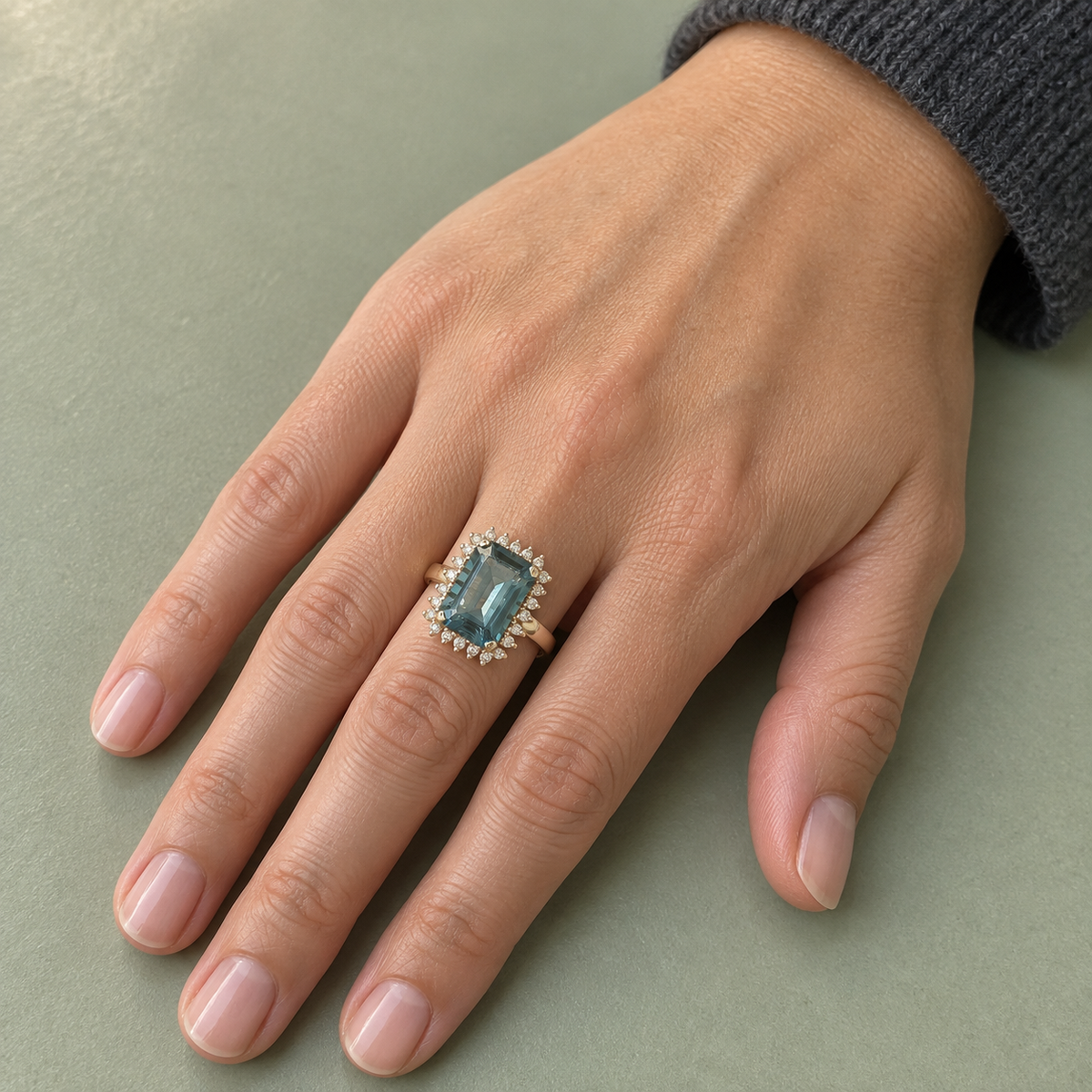 Vintage 14K Yellow Gold London Blue Topaz & Diamond Halo Ring – Size 8