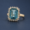 Vintage 14K Yellow Gold London Blue Topaz & Diamond Halo Ring – Size 8