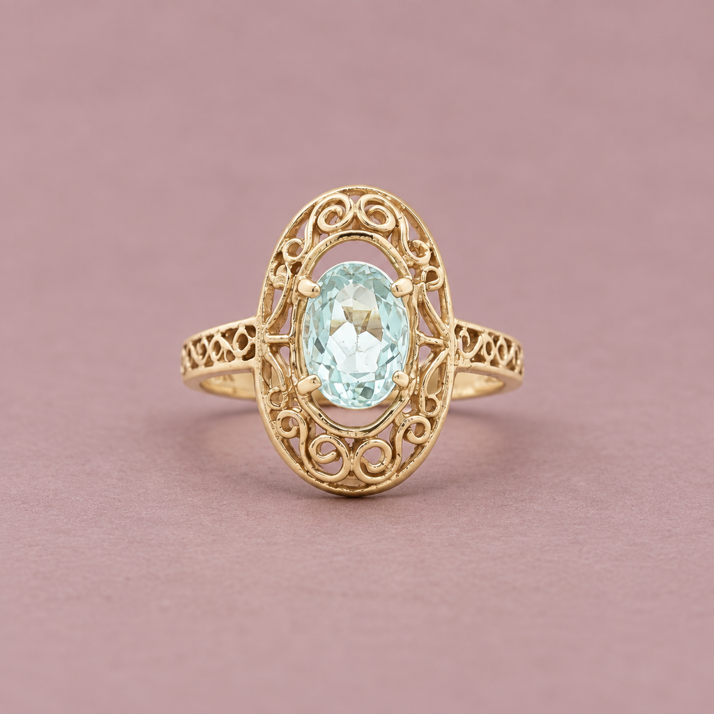 14K Yellow Gold Natural Aquamarine Filigree Ring – Approx. 0.75 CT