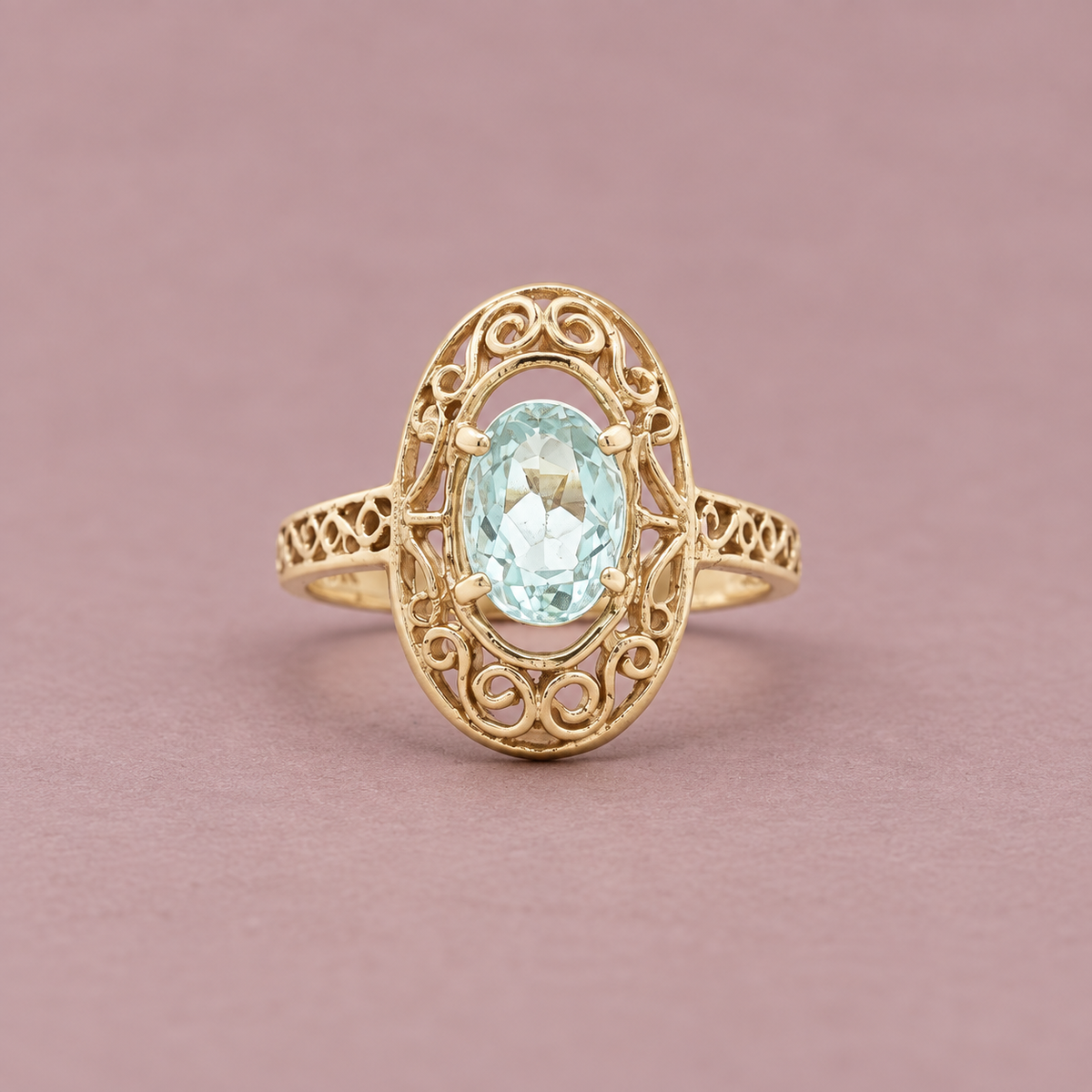 14K Yellow Gold Natural Aquamarine Filigree Ring – Approx. 0.75 CT