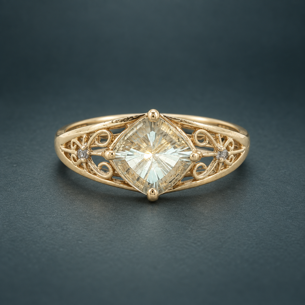 14K Yellow Gold Aquamarine & Diamond Filigree Ring – Size 7.25