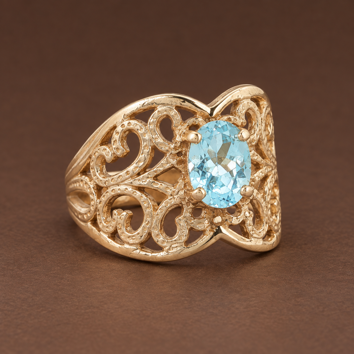 Vintage 14K Yellow Gold Oval Aquamarine Filigree Ring – Size 6.50