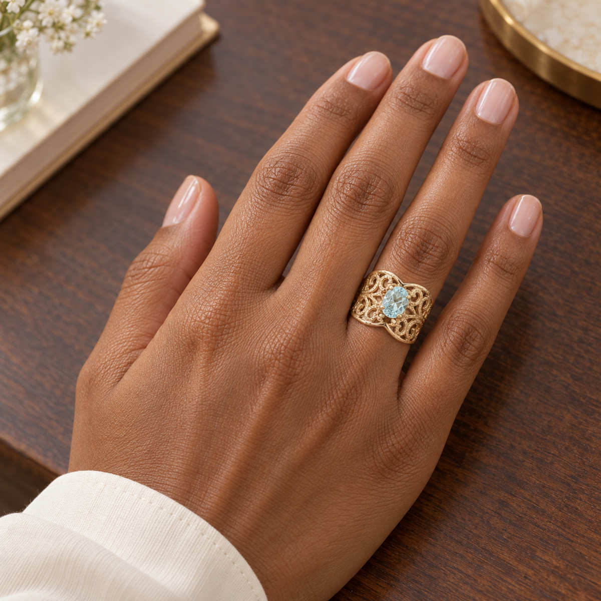 Vintage 14K Yellow Gold Oval Aquamarine Filigree Ring – Size 6.50