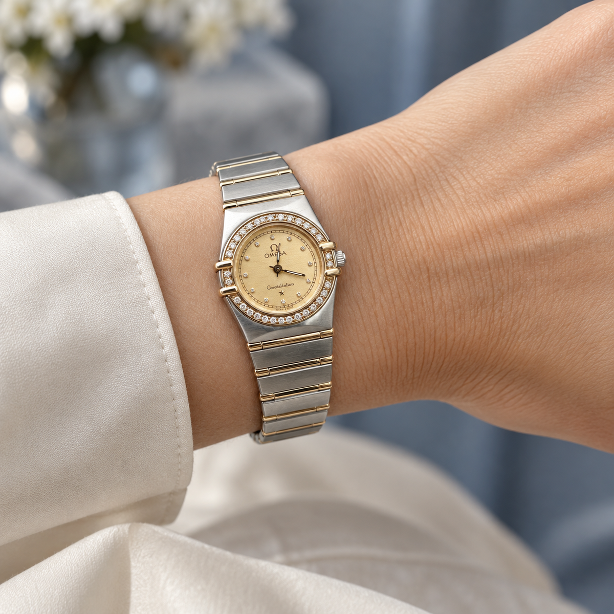 1993 Vintage Estate Omega Constellation Ladies’ Diamond Watch – 18K Yellow Gold & Stainless Steel