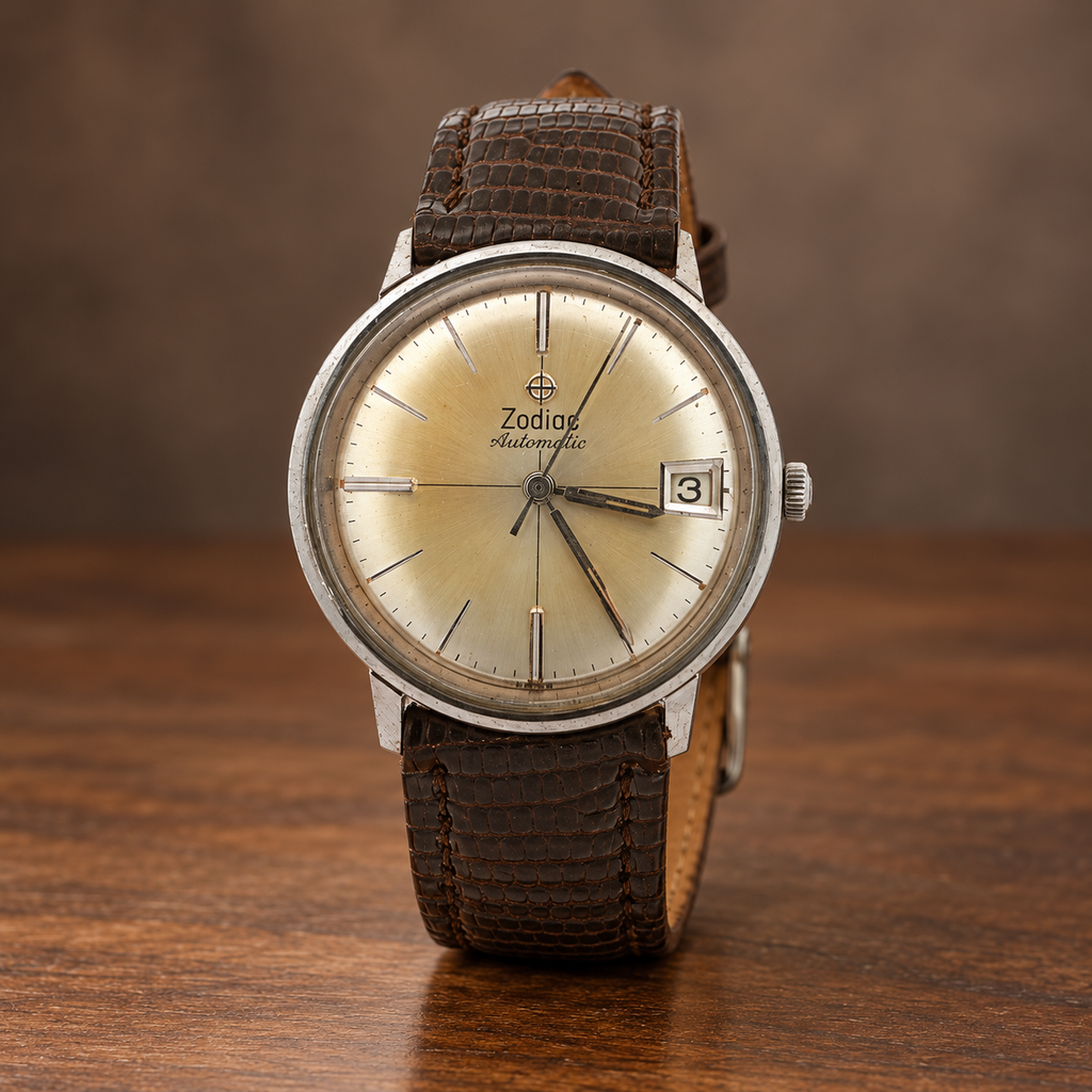Vintage 1960s-1970s Zodiac Automatic Date Swiss Wristwatch 35mm Champagne Sunburst Dial