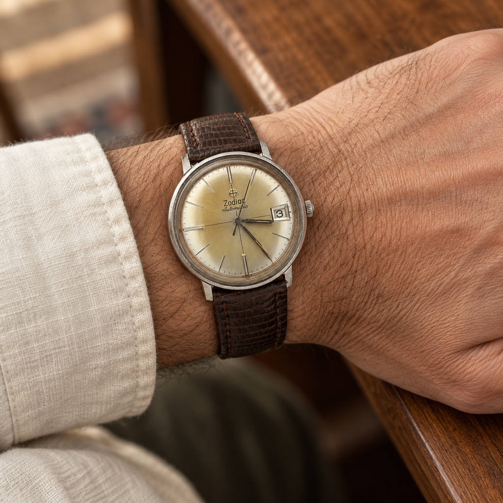 Vintage 1960s-1970s Zodiac Automatic Date Swiss Wristwatch 35mm Champagne Sunburst Dial