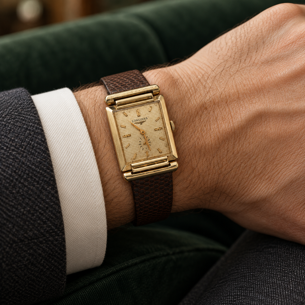 Estate Longines Mid-Century 1950s–1960s 14K Yellow Gold Rectangular Dress Watch 44mm x 31mm