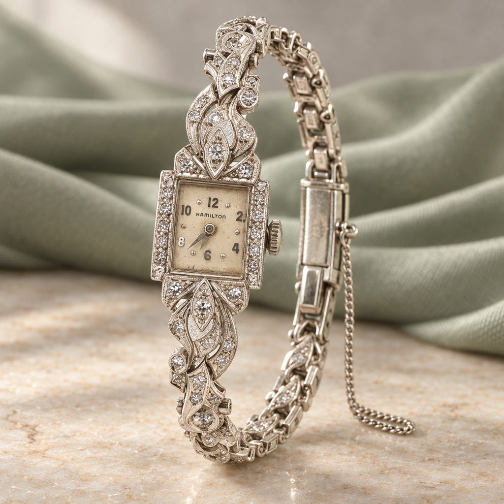 1950s–1960s Estate Hamilton 14K White Gold Natural Diamond Cocktail Watch with Safety Chain