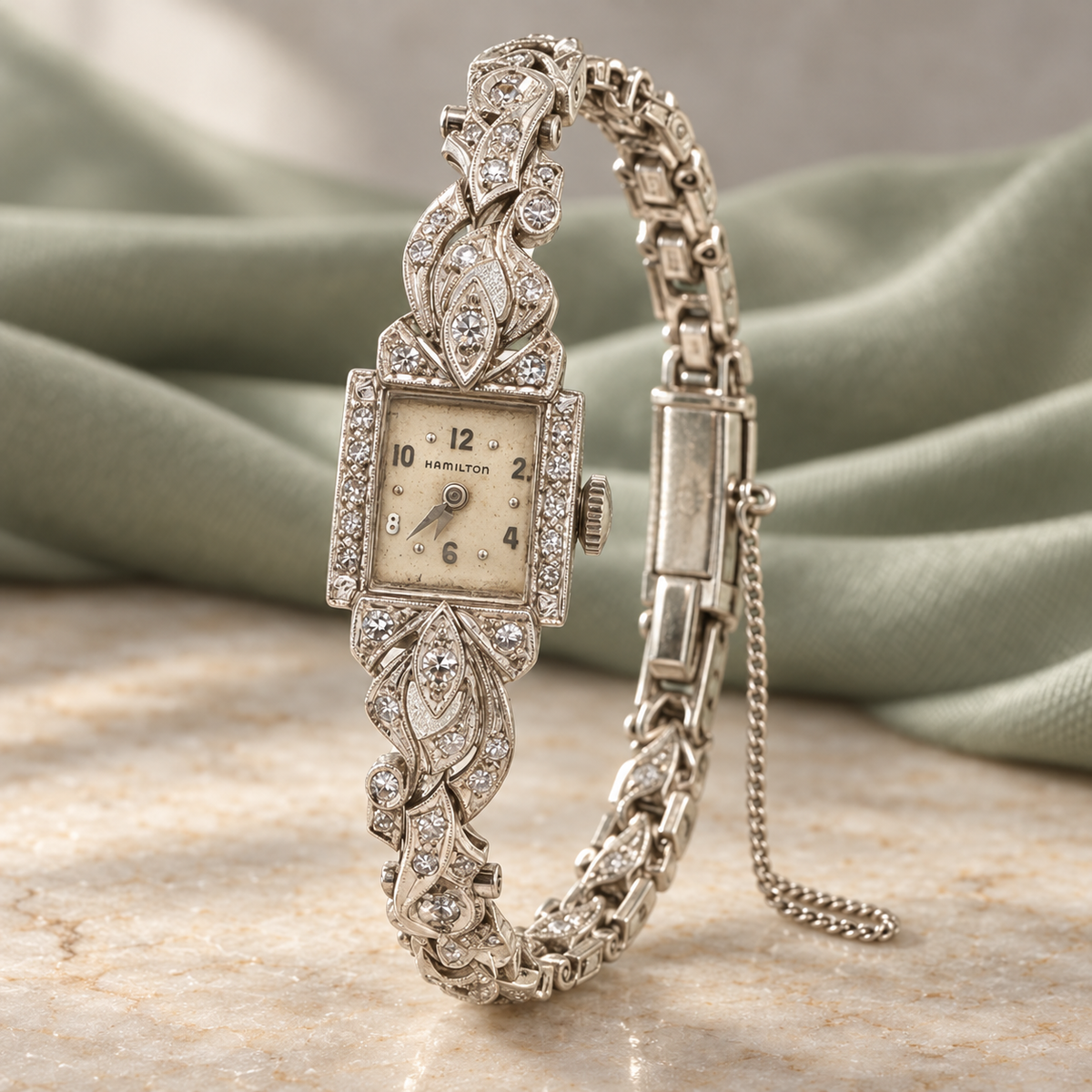 1950s–1960s Estate Hamilton 14K White Gold Natural Diamond Cocktail Watch with Safety Chain