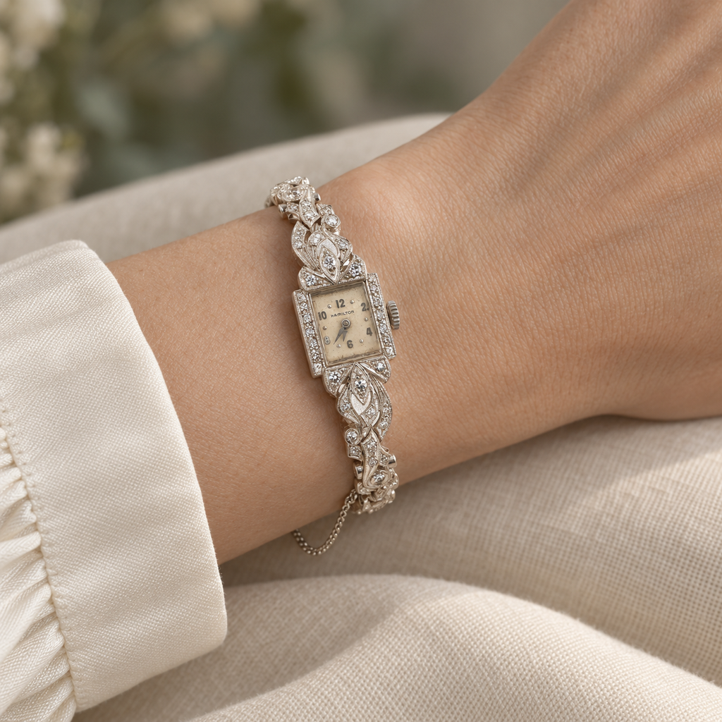 1950s–1960s Estate Hamilton 14K White Gold Natural Diamond Cocktail Watch with Safety Chain