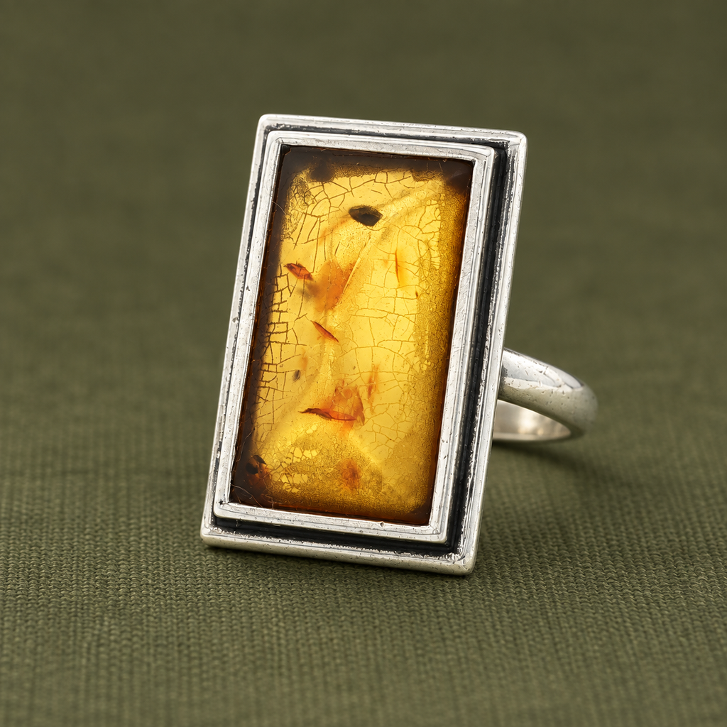 Estate Rectangular Amber Sterling Silver Ring – Size 5.50