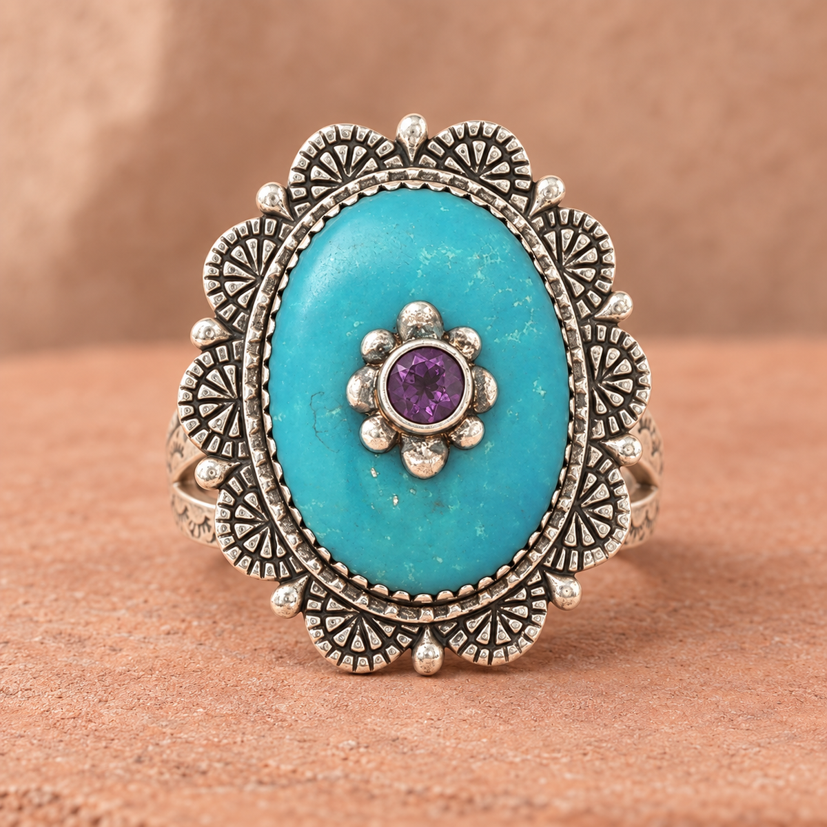 Estate Turquoise & Amethyst Sterling Silver Statement Ring – Size 6