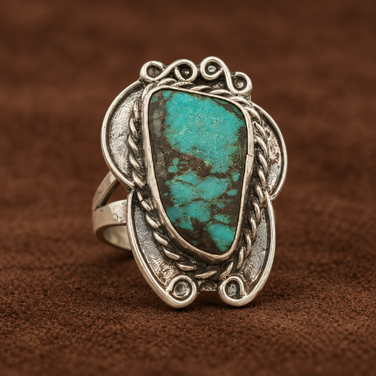 Vintage Silver Natural Turquoise Freeform Statement Ring Size 6 – 33mm