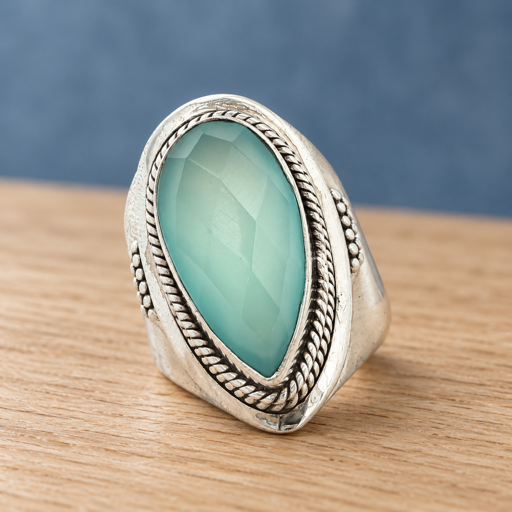Estate Sterling Silver Pear-Shaped Aqua Chalcedony Ring – Size 7