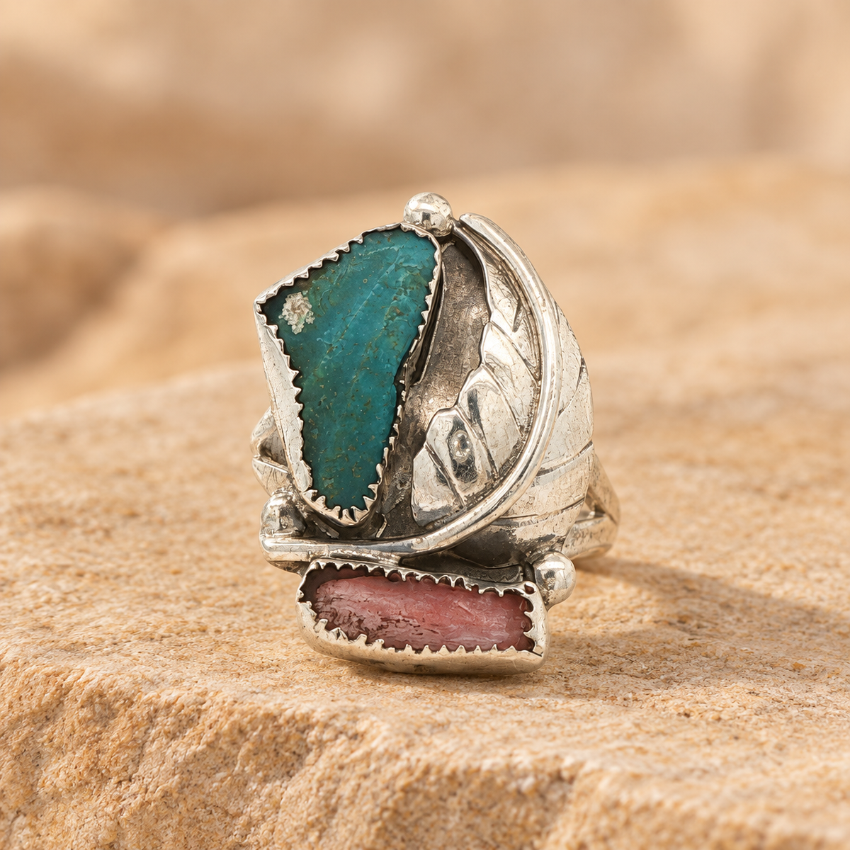 Vintage Estate Turquoise & Coral Leaf Ring in 925 Sterling Silver – Size 5.50