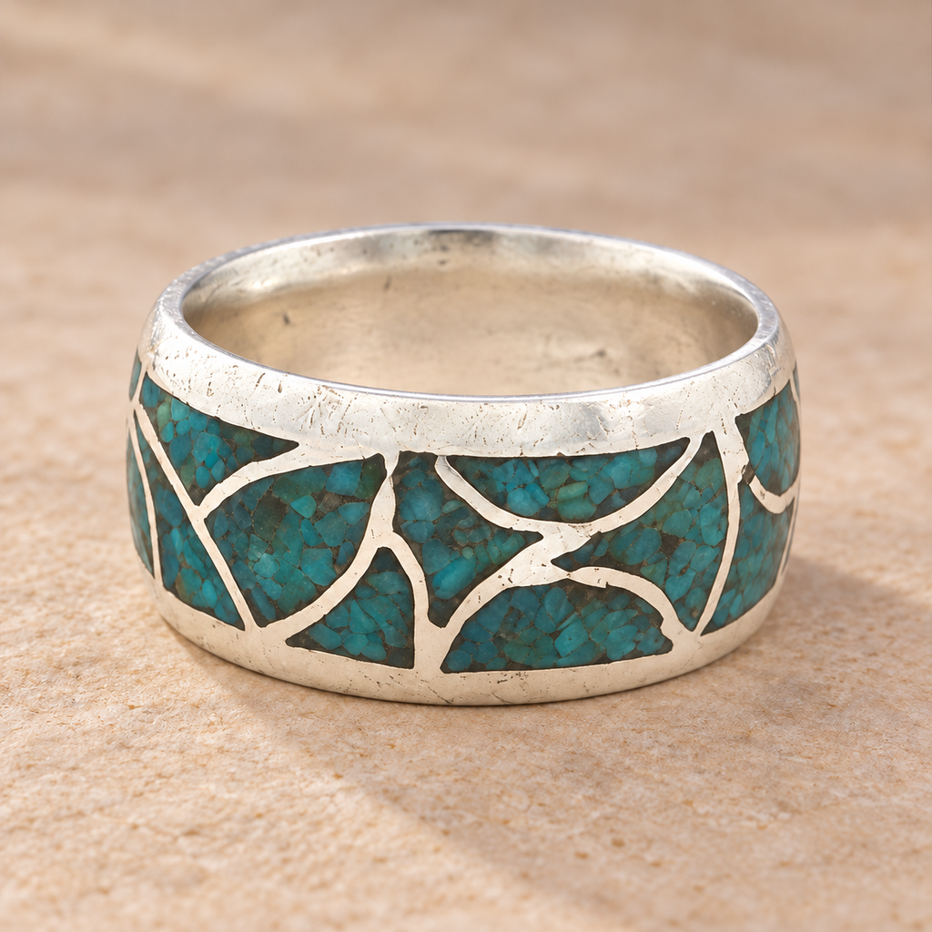 Estate Silver Natural Turquoise Inlay Ring Size 10 – 11mm Wide