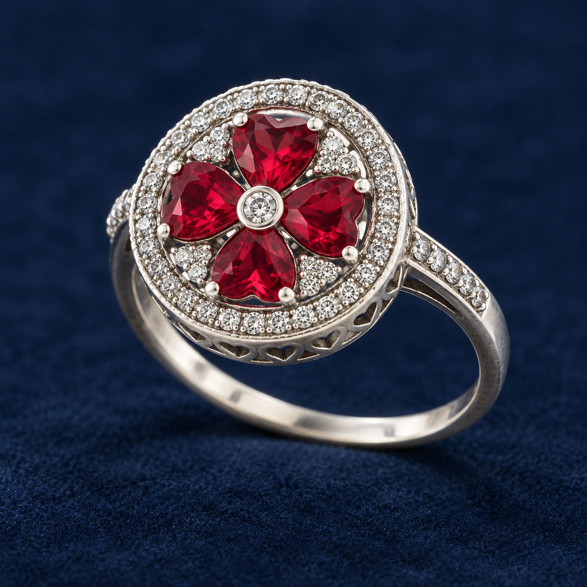 Circa 2000 Sterling Silver Synthetic Ruby & Sapphire Floral Cocktail Ring Size 8