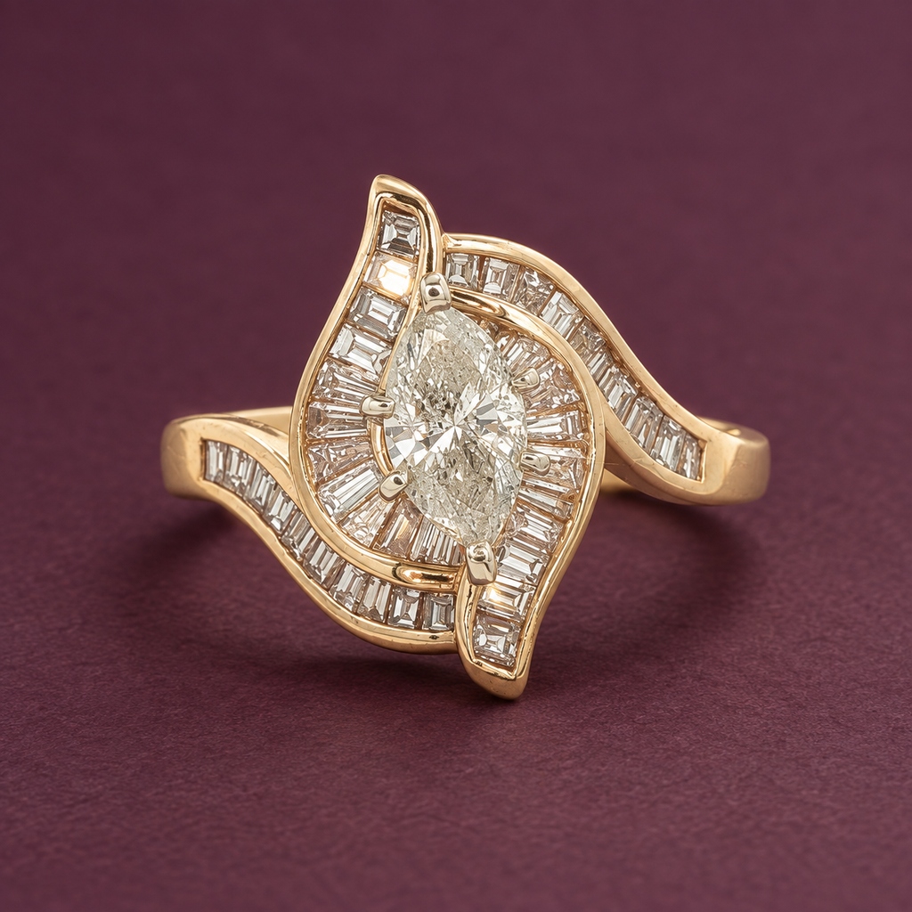 Vintage Estate 14K Yellow Gold Natural Marquise Diamond Ring – 0.75ct Center & Baguettes – Size 7.25