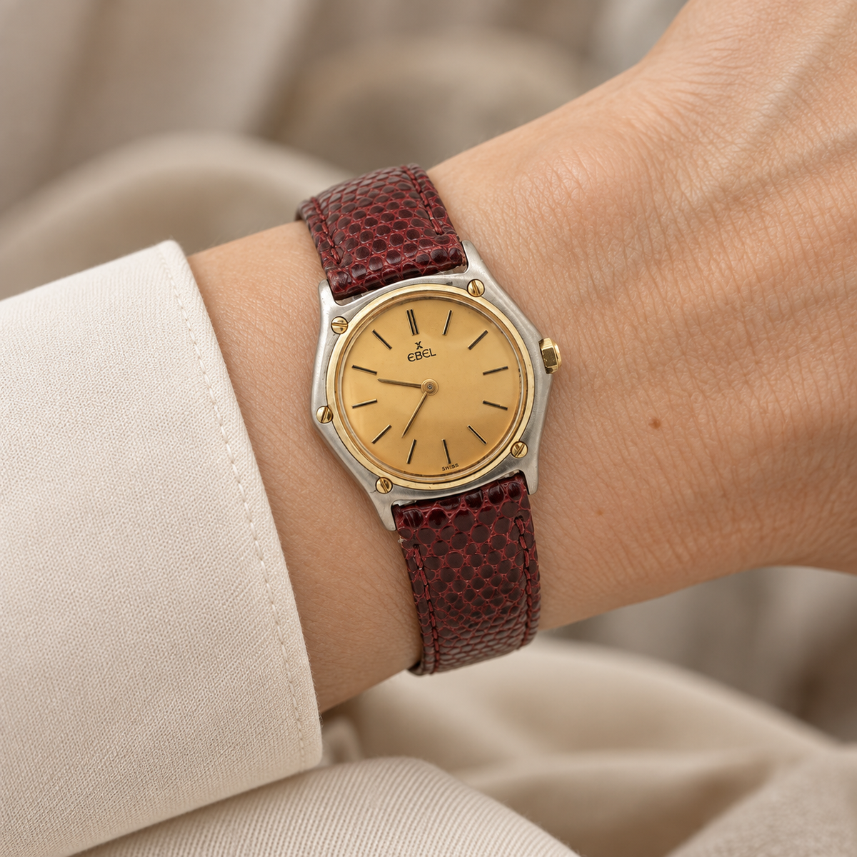 Estate Vintage 1980s–1990s Ebel Swiss Quartz Wristwatch 28mm x 29mm Gold-Tone Dial Two-Tone Case