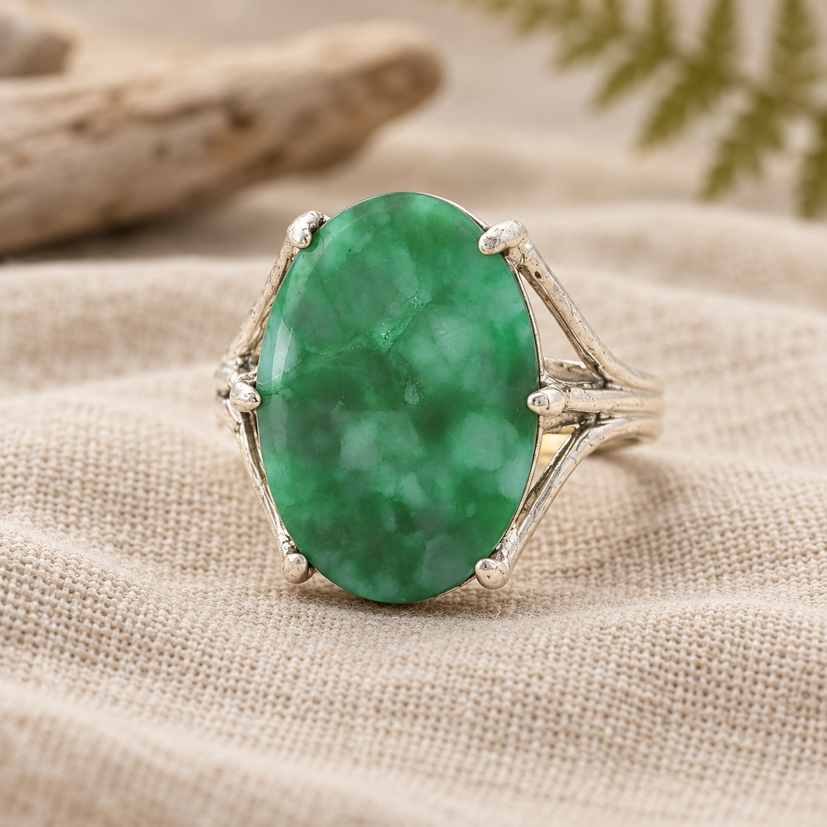 Estate Sterling Silver Oval Green Agate Statement Ring – SZ 7.50