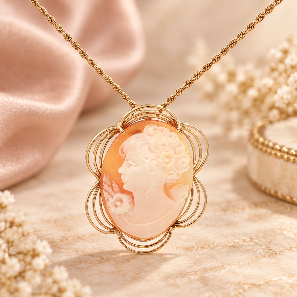 Vintage Circa 1960s Estate 14K Yellow Gold Shell Cameo Brooch Pendant – 37mm