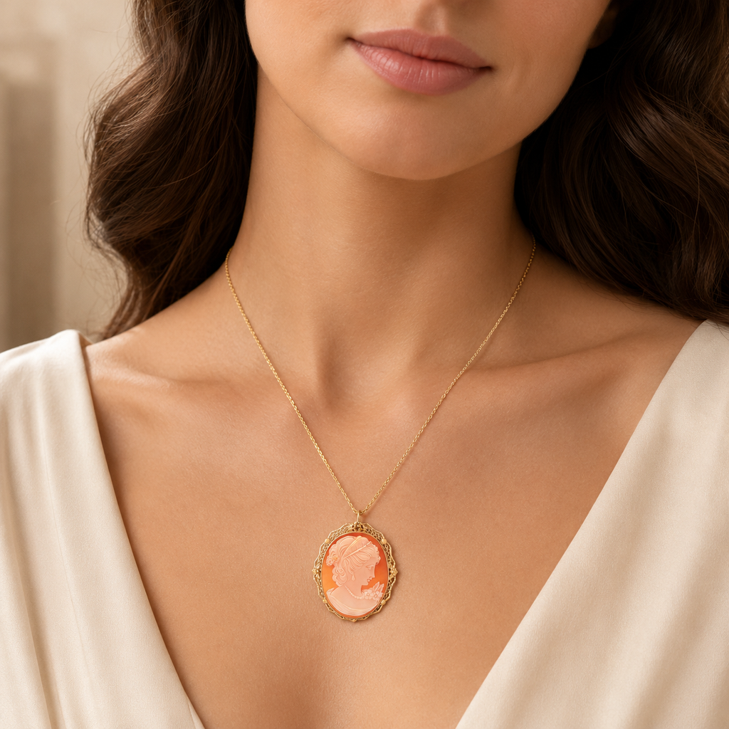 Vintage Circa 1950s Estate 14K Yellow Gold Carved Shell Cameo Brooch Pendant – 44mm
