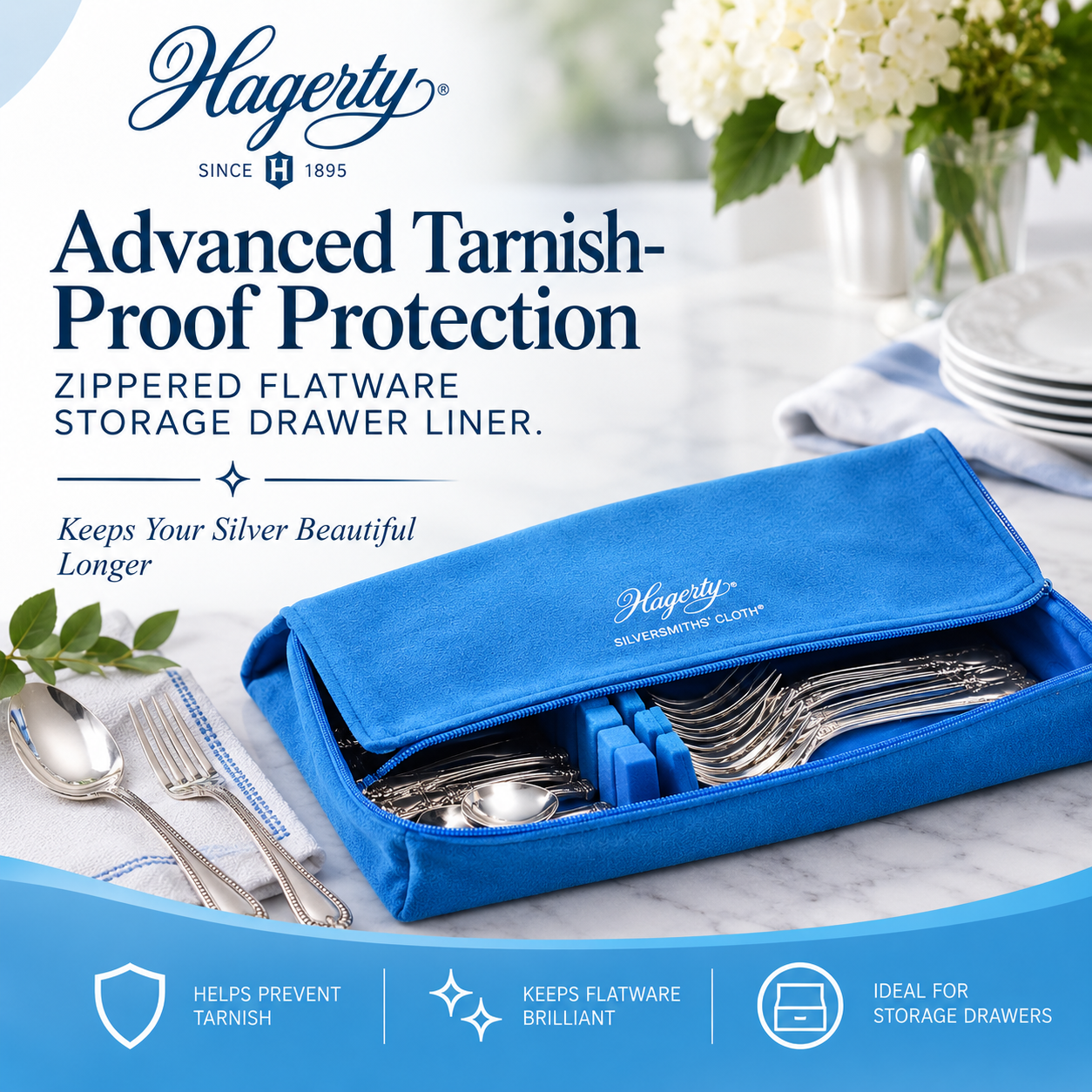 Hagerty Zippered Flatware Storage Drawer Liner – Blue Tarnish-Preventing Silverware Storage