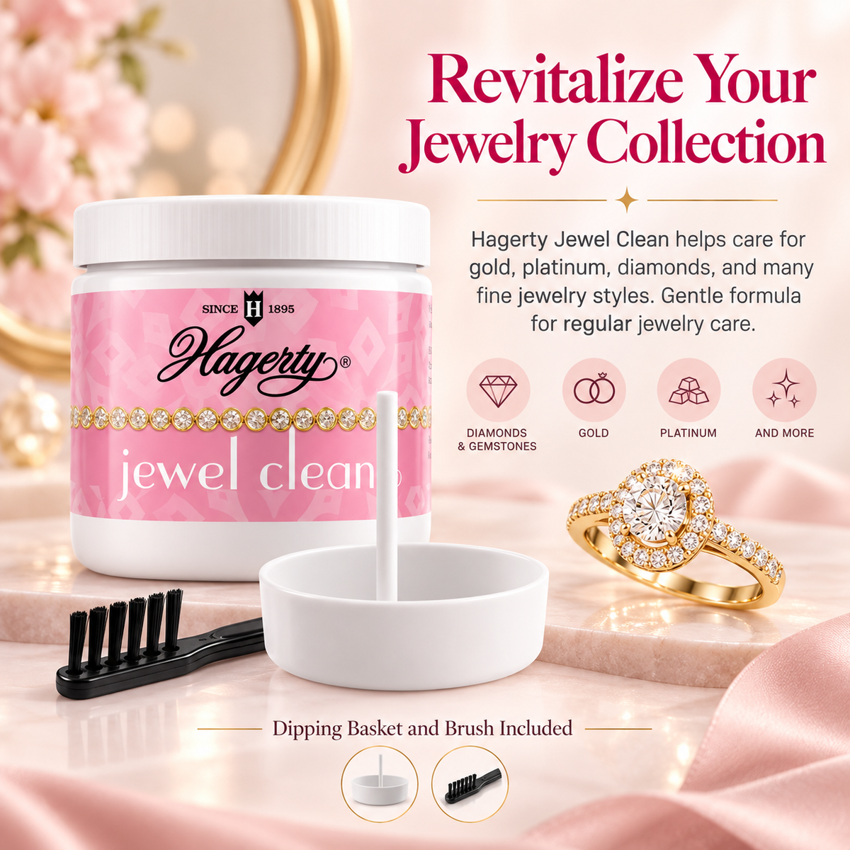 Hagerty Jewel Clean Jewelry Cleaner 7 fl oz with Dipping Basket & Brush