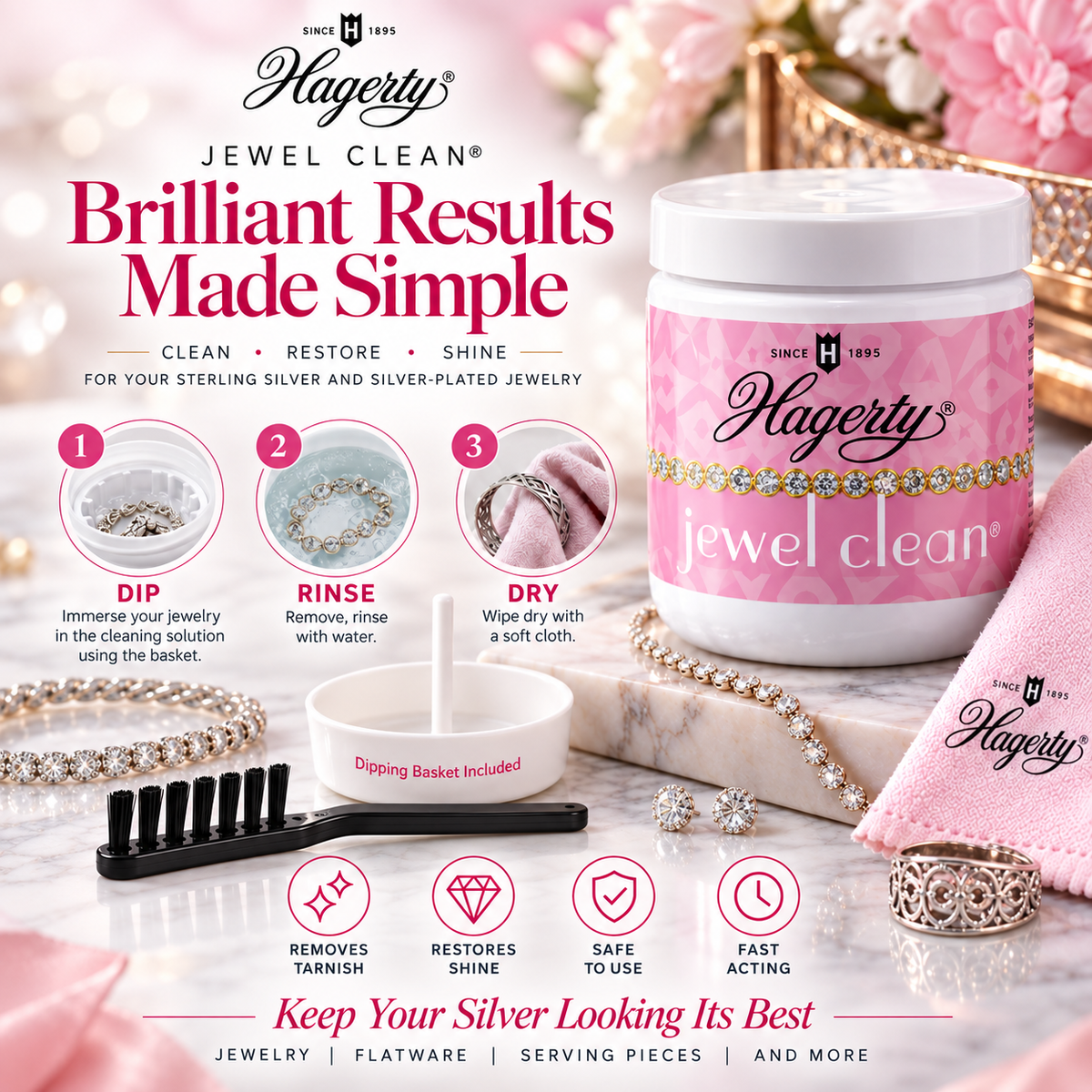 Hagerty Jewel Clean Jewelry Cleaner 7 fl oz with Dipping Basket & Brush