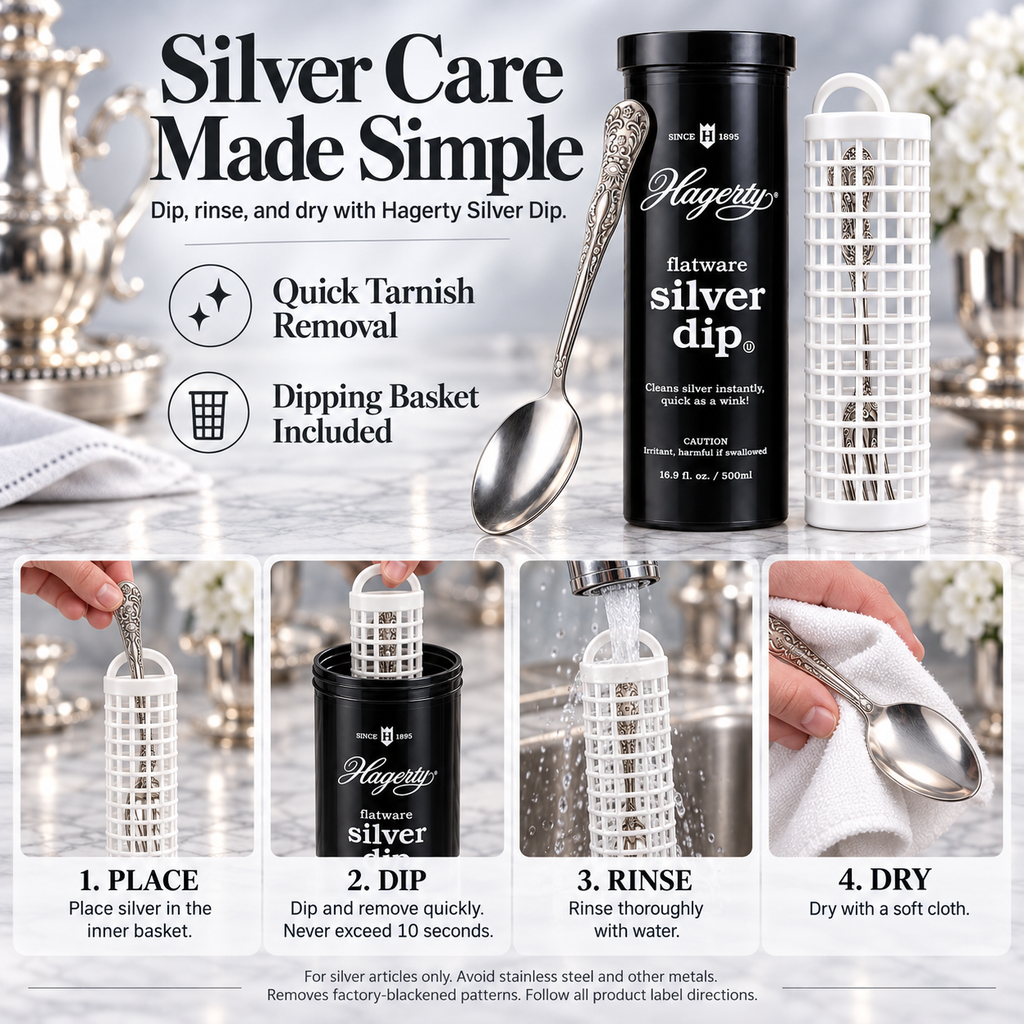 Hagerty Flatware Silver Dip Cleaner with Dipping Basket – 16.9 fl. oz. / 500 mL