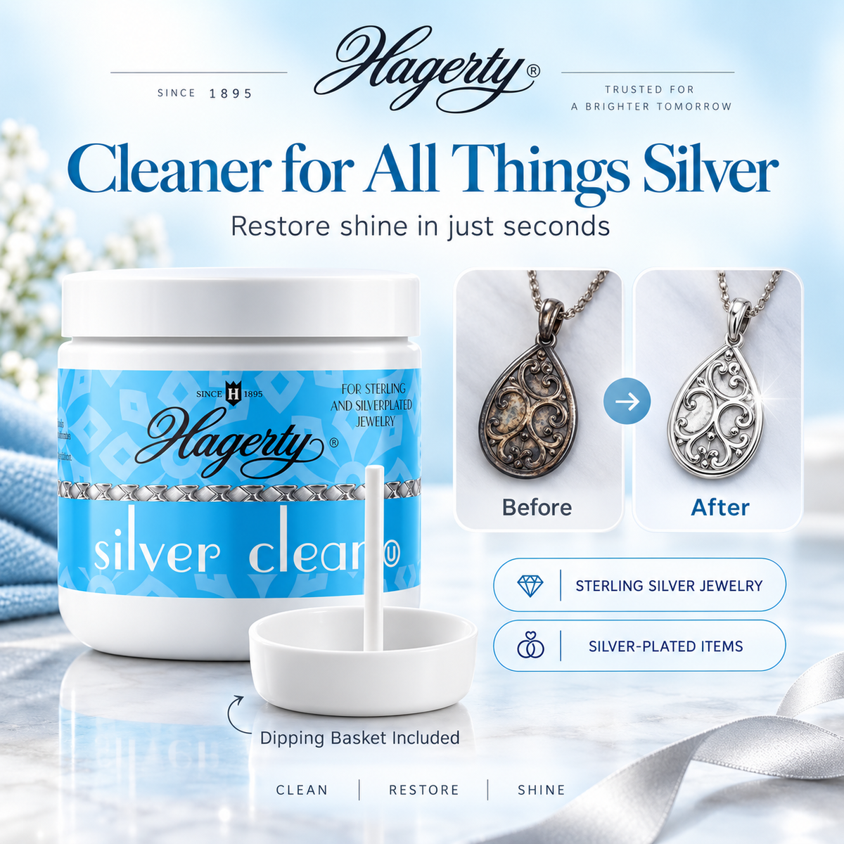 Hagerty Silver Clean 7 fl oz Sterling Silver & Silverplate Jewelry Cleaner with Dipping Basket
