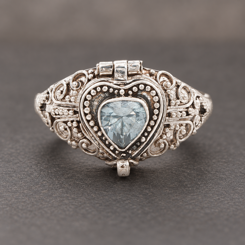 Vintage Estate Sterling Silver Aquamarine Heart Poison Ring – SZ 9