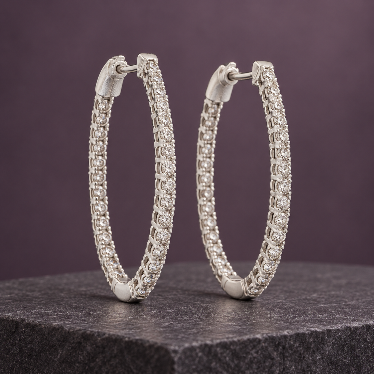 Estate 14K White Gold Natural Diamond Inside-Out Hoop Earrings – Approx. 0.75 CTW, 26mm