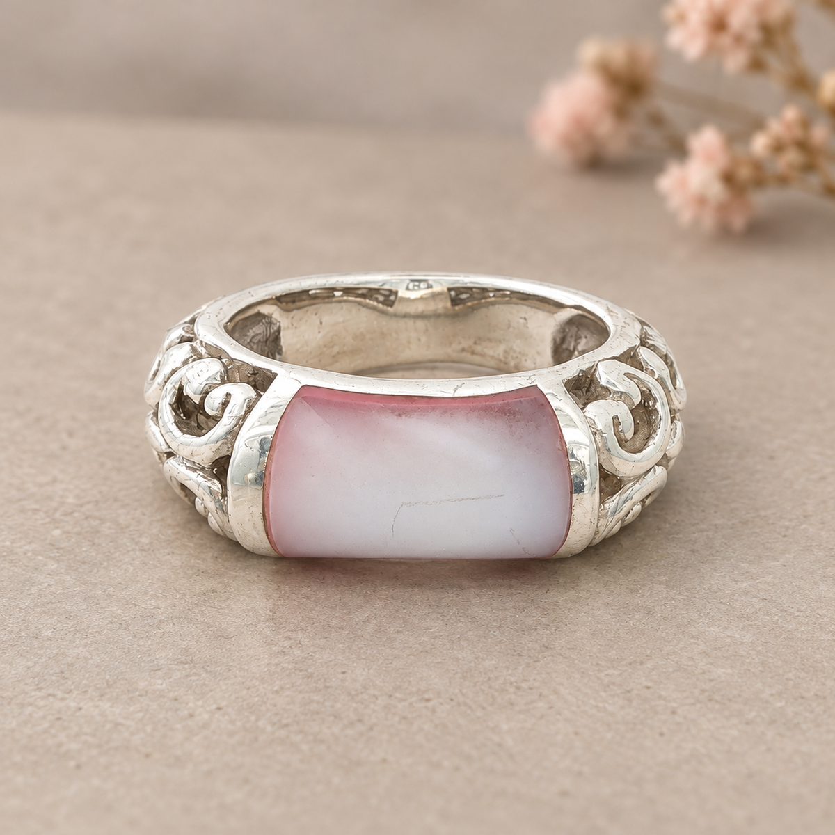 Estate Sterling Silver Pink Glass Scrollwork Ring – SZ 5.75