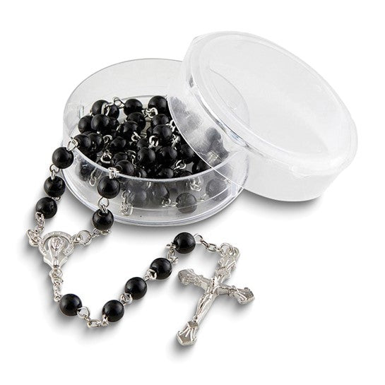 Black Glass Bead Rosary with Silver-Tone Crucifix & Storage Case – 19.5"