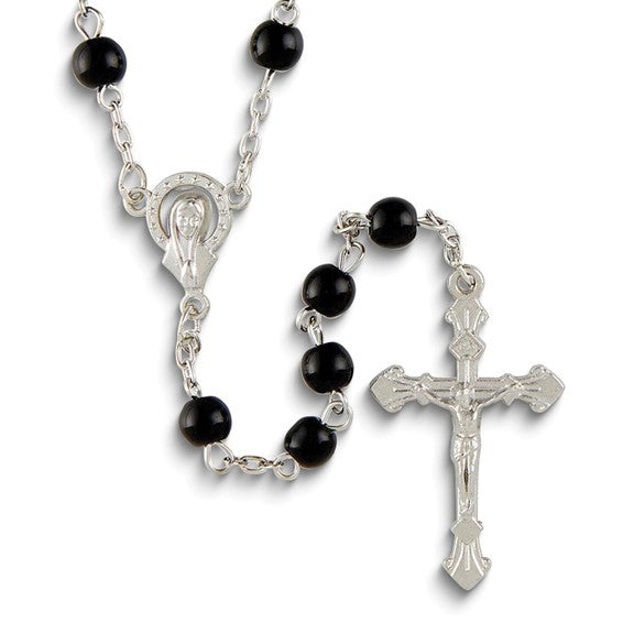 Black Glass Bead Rosary with Silver-Tone Crucifix & Storage Case – 19.5"