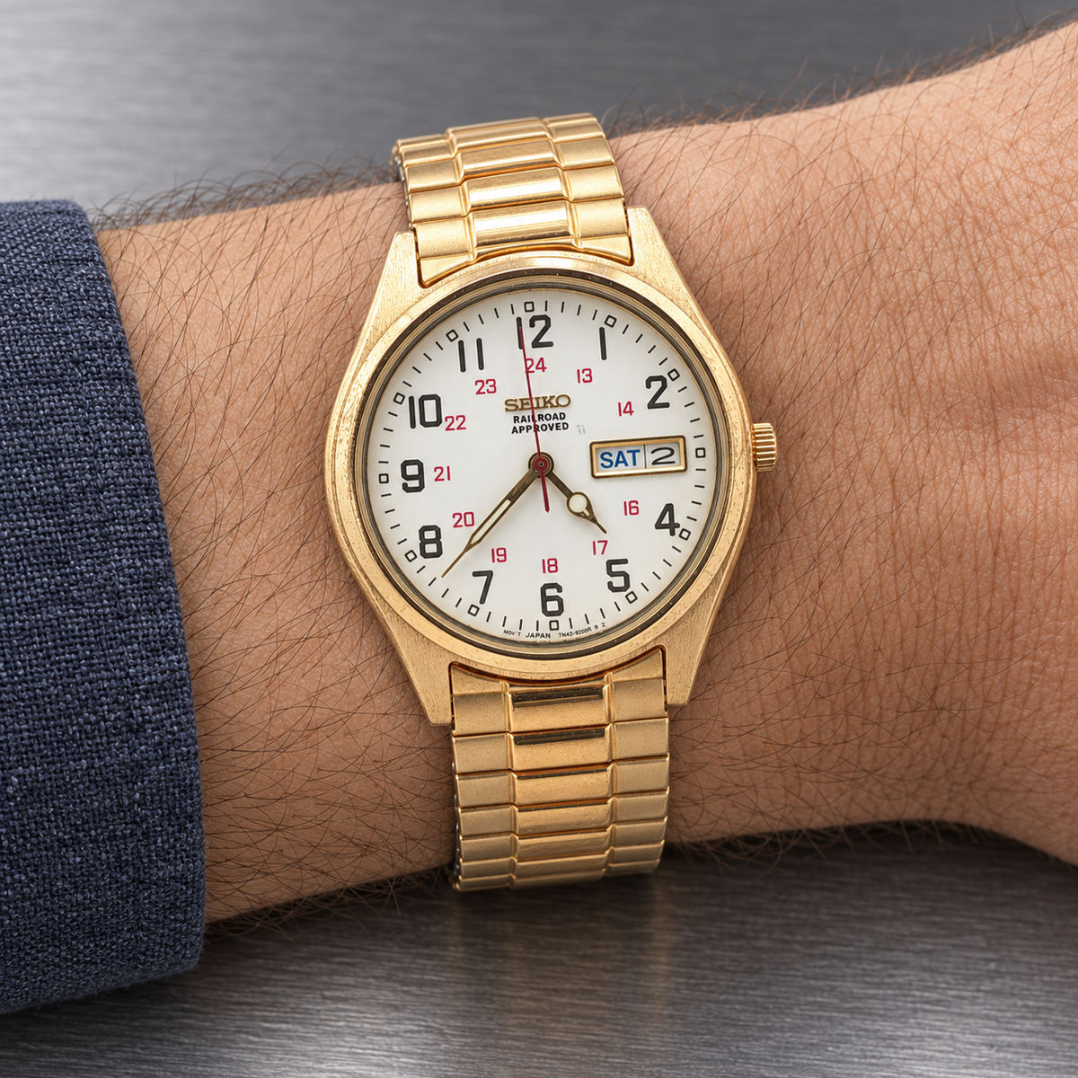 Vintage 1990s–2000s Seiko Railroad Approved Men’s 35mm Gold-Tone Day-Date Watch