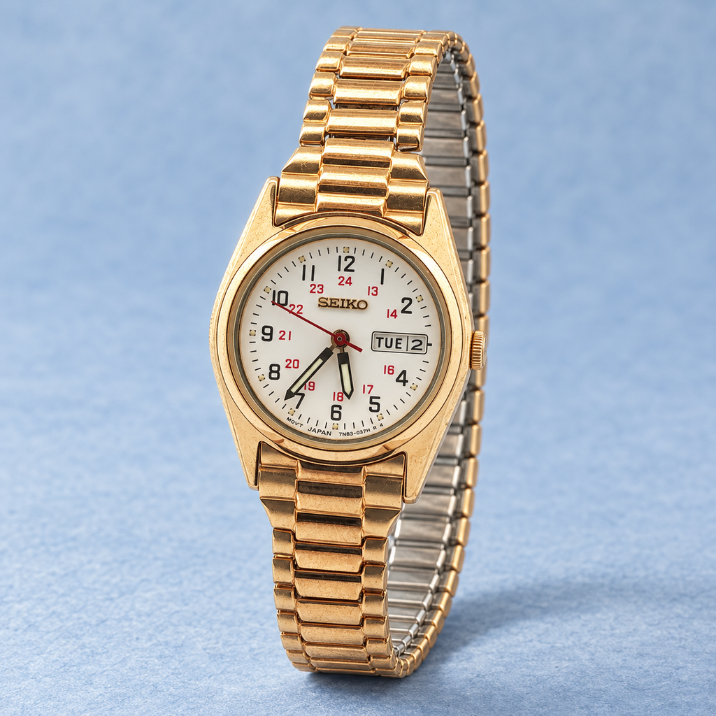 Estate Vintage Seiko Ladies’ Gold-Tone Day-Date Watch with Stretch Bracelet — Circa 1990s–2000s