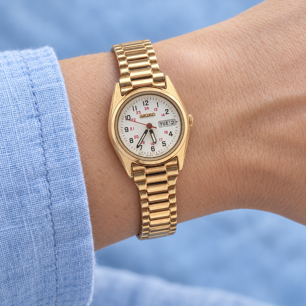 Estate Vintage Seiko Ladies’ Gold-Tone Day-Date Watch with Stretch Bracelet — Circa 1990s–2000s