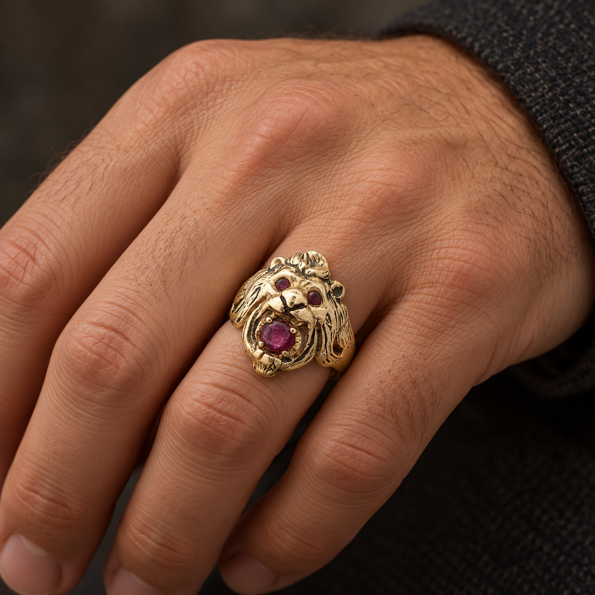 1970s Estate Vintage 14K Yellow Gold Natural Ruby Lion Ring – 0.50 CTW, SZ 7.50