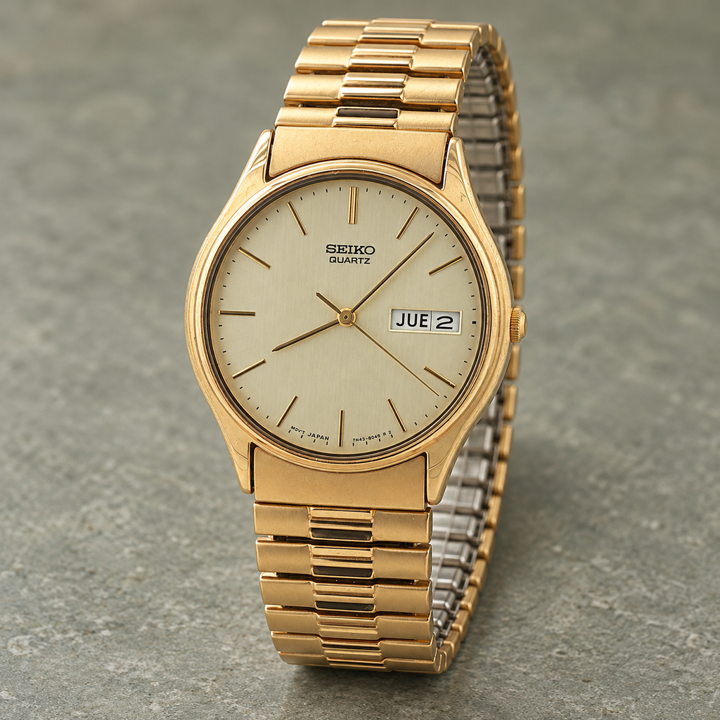 Vintage Estate Seiko Men’s Gold-Tone Quartz Day-Date Watch – 32mm – Expansion Band – Box & Papers