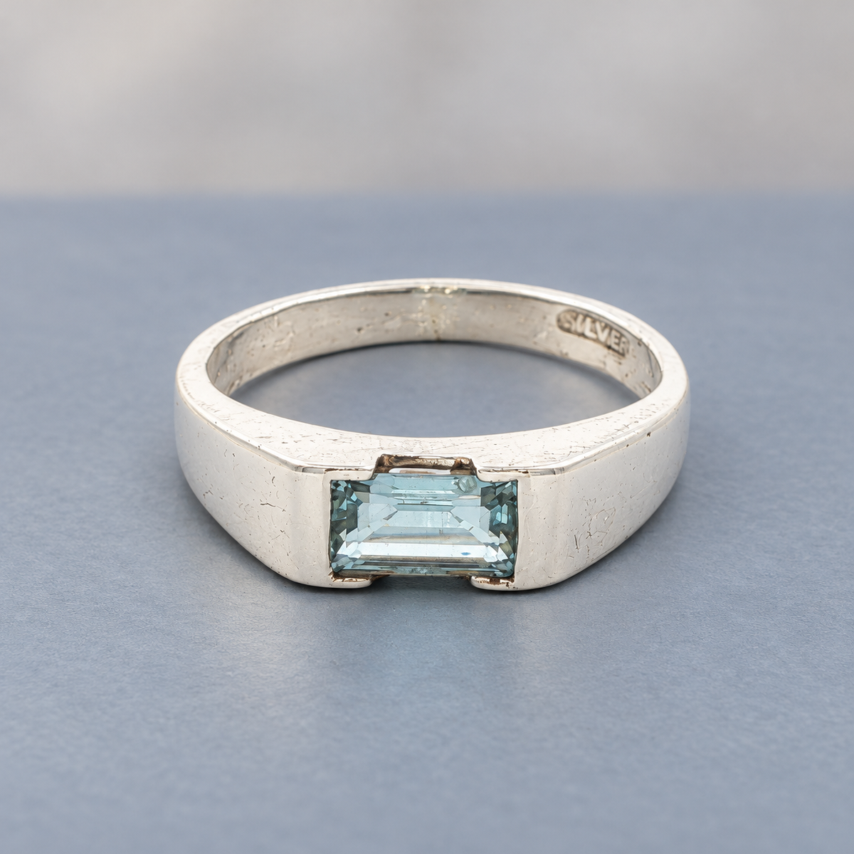 Estate Silver Emerald-Cut Aquamarine Ring – SZ 7.25
